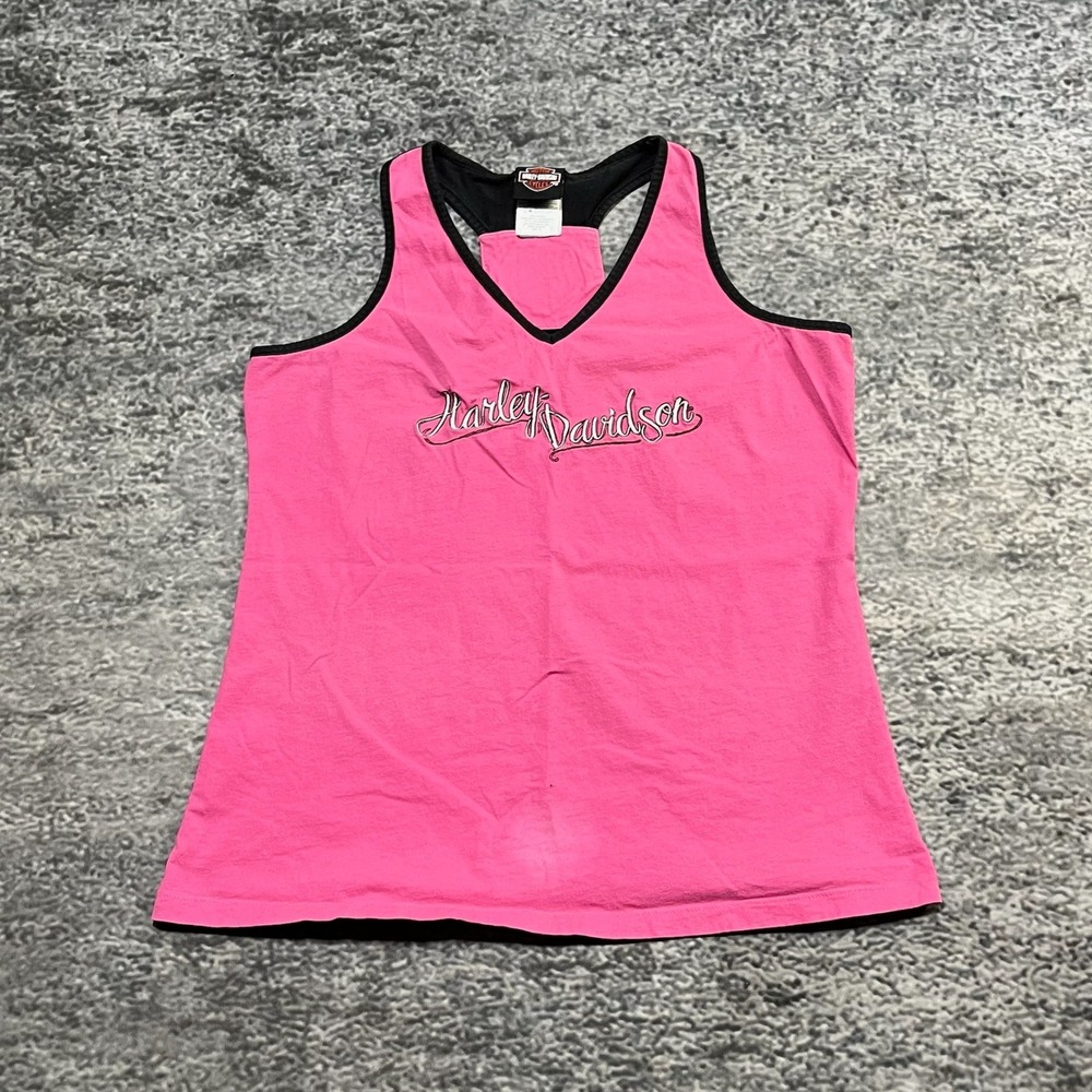 Harley Davidson Tank Top Womens XL Pink Black Embroidered Logo Biker